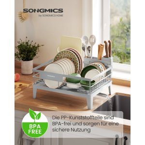 SONGMICS diskst&auml;ll, diskst&auml;ll f&ouml;r k&ouml;ksb&auml;nkskiva, 360&deg; roterbar och utdragbar pip, droppbricka, med bestickh�llare, 31 x 42 x 18,5 cm, duvgr� KCS550G01