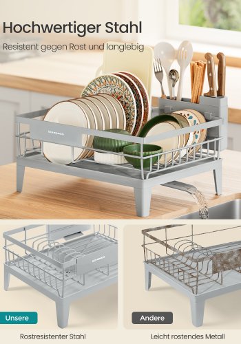 SONGMICS KCS550G01 opvaskestativ til k�kkenbord, m. 360� drejelig og udtr�kkelig tud, afdrypningsbr�t, bestikholder - duegr� polypropylen