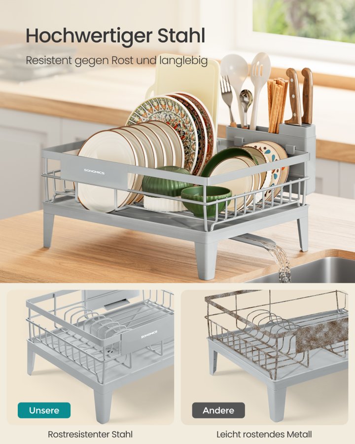 SONGMICS diskst&auml;ll, diskst&auml;ll f&ouml;r k&ouml;ksb&auml;nkskiva, 360&deg; roterbar och utdragbar pip, droppbricka, med bestickh�llare, 31 x 42 x 18,5 cm, duvgr� KCS550G01