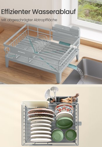 SONGMICS diskst&auml;ll, diskst&auml;ll f&ouml;r k&ouml;ksb&auml;nkskiva, 360&deg; roterbar och utdragbar pip, droppbricka, med bestickh�llare, 31 x 42 x 18,5 cm, duvgr� KCS550G01