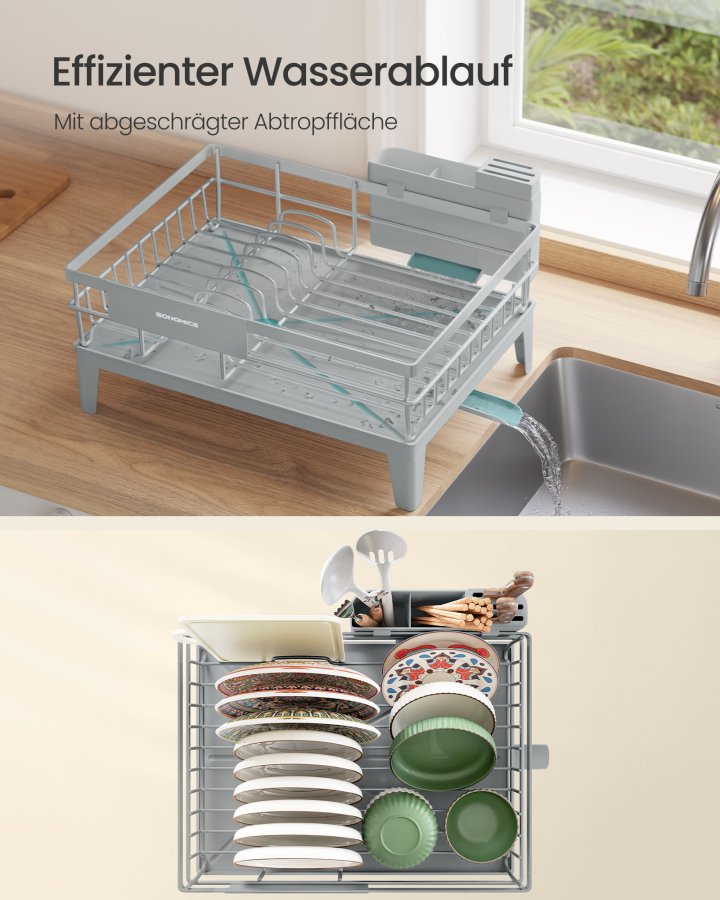 SONGMICS diskst&auml;ll, diskst&auml;ll f&ouml;r k&ouml;ksb&auml;nkskiva, 360&deg; roterbar och utdragbar pip, droppbricka, med bestickh�llare, 31 x 42 x 18,5 cm, duvgr� KCS550G01