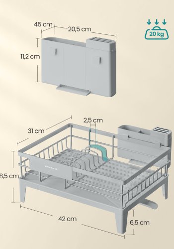 SONGMICS diskst&auml;ll, diskst&auml;ll f&ouml;r k&ouml;ksb&auml;nkskiva, 360&deg; roterbar och utdragbar pip, droppbricka, med bestickh�llare, 31 x 42 x 18,5 cm, duvgr� KCS550G01