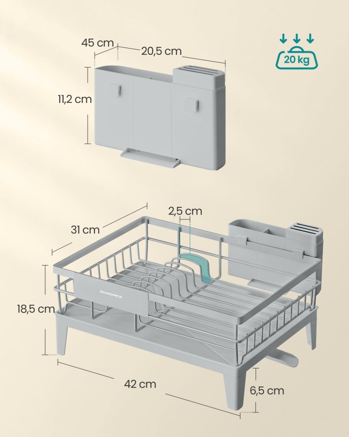 SONGMICS diskst&auml;ll, diskst&auml;ll f&ouml;r k&ouml;ksb&auml;nkskiva, 360&deg; roterbar och utdragbar pip, droppbricka, med bestickh�llare, 31 x 42 x 18,5 cm, duvgr� KCS550G01