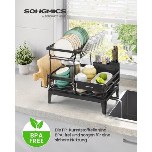 SONGMICS diskst&auml;ll, diskst&auml;ll f&ouml;r k&ouml;ksb&auml;nkskiva, 360&deg; roterbar och utdragbar pip, droppbricka, med bestickh�llare, 31 x 42 x 36,5 cm, bl&auml;cksvart KCS551BH01