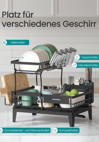 SONGMICS KCS551BH01 opvaskestativ til k�kkenbord, m. 360� drejelig og forl�ngelig tud, afdrypningsbr�t, bestikholder - bl�ksort polypropylen