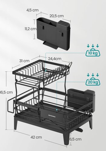 SONGMICS diskst&auml;ll, diskst&auml;ll f&ouml;r k&ouml;ksb&auml;nkskiva, 360&deg; roterbar och utdragbar pip, droppbricka, med bestickh�llare, 31 x 42 x 36,5 cm, bl&auml;cksvart KCS551BH01