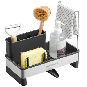 SONGMICS K�kkenvaskeholder Tidy, Vaskorganiser med Svampeholder, Opvaskemiddelholder til Pensler, Klude, S�be, Rustfrit St�l, Pladsbesparende, Drejelig Tud, Bl�ksort og S�lv KCS555BH01