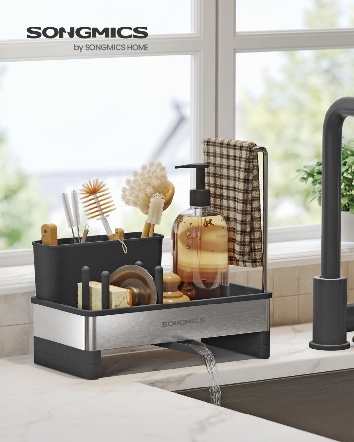 SONGMICS K�kkenvaskeholder Tidy, Vaskorganiser med Svampeholder, Opvaskemiddelholder til Pensler, Klude, S�be, Rustfrit St�l, Pladsbesparende, Drejelig Tud, Bl�ksort og S�lv KCS555BH01