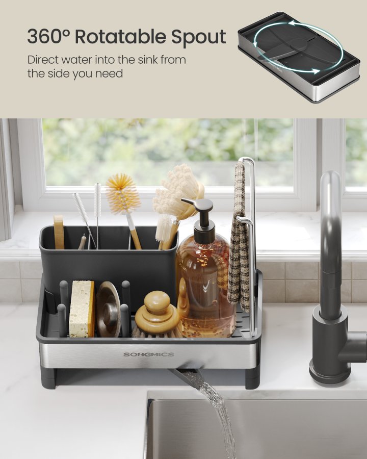 SONGMICS K�kkenvaskeholder Tidy, Vaskorganiser med Svampeholder, Opvaskemiddelholder til Pensler, Klude, S�be, Rustfrit St�l, Pladsbesparende, Drejelig Tud, Bl�ksort og S�lv KCS555BH01