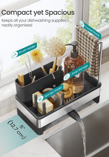 SONGMICS K�kkenvaskeholder Tidy, Vaskorganiser med Svampeholder, Opvaskemiddelholder til Pensler, Klude, S�be, Rustfrit St�l, Pladsbesparende, Drejelig Tud, Bl�ksort og S�lv KCS555BH01
