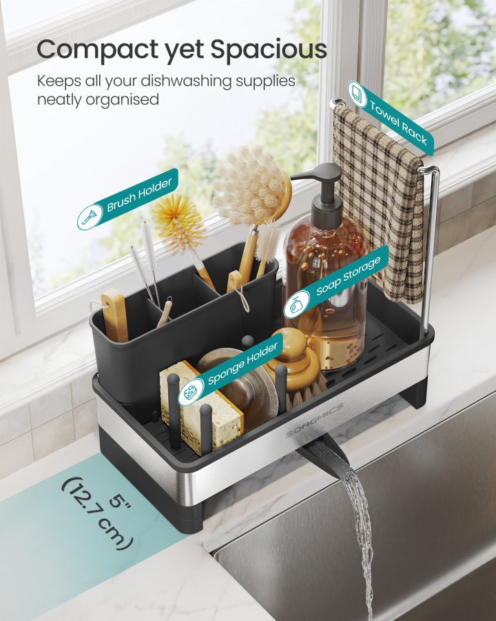 SONGMICS K�kkenvaskeholder Tidy, Vaskorganiser med Svampeholder, Opvaskemiddelholder til Pensler, Klude, S�be, Rustfrit St�l, Pladsbesparende, Drejelig Tud, Bl�ksort og S�lv KCS555BH01