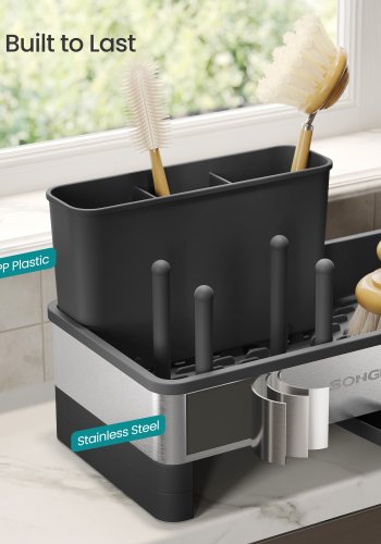 SONGMICS K�kkenvaskeholder Tidy, Vaskorganiser med Svampeholder, Opvaskemiddelholder til Pensler, Klude, S�be, Rustfrit St�l, Pladsbesparende, Drejelig Tud, Bl�ksort og S�lv KCS555BH01