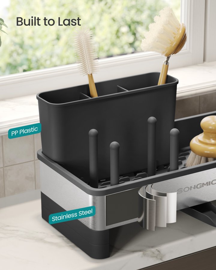 SONGMICS K�kkenvaskeholder Tidy, Vaskorganiser med Svampeholder, Opvaskemiddelholder til Pensler, Klude, S�be, Rustfrit St�l, Pladsbesparende, Drejelig Tud, Bl�ksort og S�lv KCS555BH01