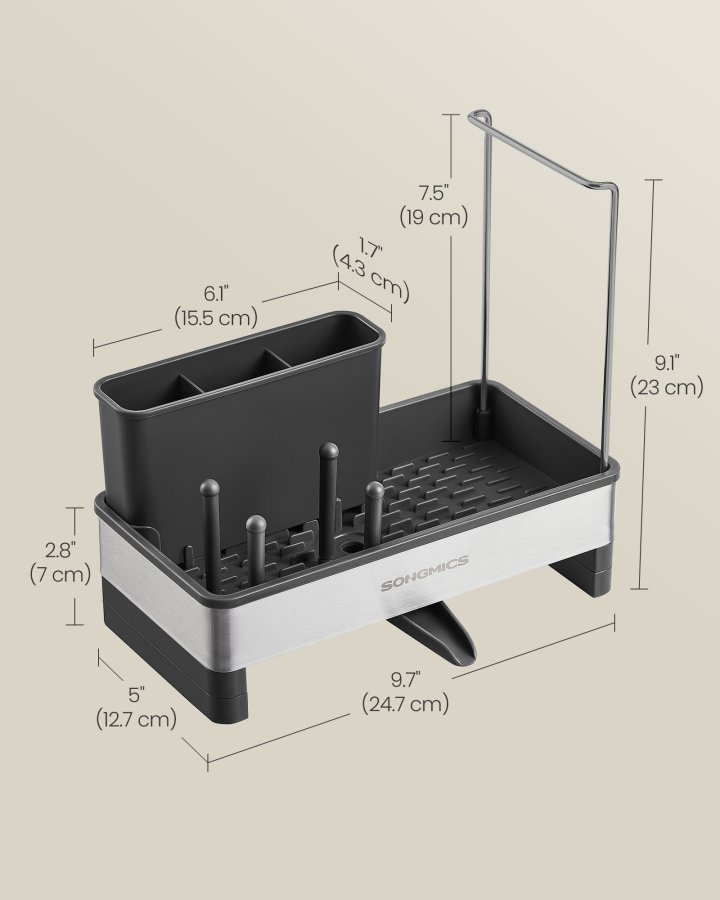 SONGMICS K�kkenvaskeholder Tidy, Vaskorganiser med Svampeholder, Opvaskemiddelholder til Pensler, Klude, S�be, Rustfrit St�l, Pladsbesparende, Drejelig Tud, Bl�ksort og S�lv KCS555BH01