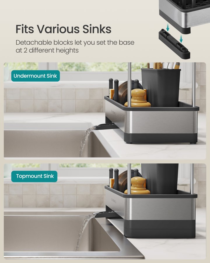 SONGMICS K�kkenvaskeholder Tidy, Vaskorganiser med Svampeholder, Opvaskemiddelholder til Pensler, Klude, S�be, Rustfrit St�l, Pladsbesparende, Drejelig Tud, Bl�ksort og S�lv KCS555BH01