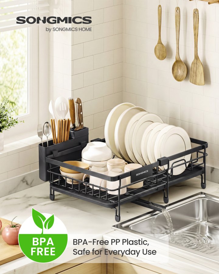 SONGMICS diskst&auml;ll, stort utdragbart avrinningsh�l f&ouml;r sm� utrymmen, 360&deg; roterande utdragbar pip, diskst&auml;ll, st�l, 46,5 x 29,6 x 14 cm, bl&auml;cksvart KCS556BH01