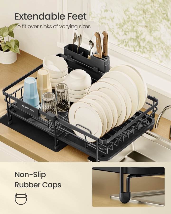 SONGMICS diskst&auml;ll, stort utdragbart avrinningsh�l f&ouml;r sm� utrymmen, 360&deg; roterande utdragbar pip, diskst&auml;ll, st�l, 46,5 x 29,6 x 14 cm, bl&auml;cksvart KCS556BH01