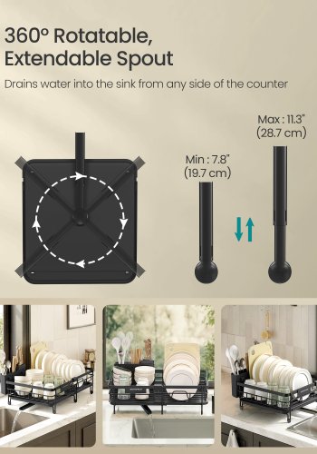 SONGMICS diskst&auml;ll, stort utdragbart avrinningsh�l f&ouml;r sm� utrymmen, 360&deg; roterande utdragbar pip, diskst&auml;ll, st�l, 46,5 x 29,6 x 14 cm, bl&auml;cksvart KCS556BH01