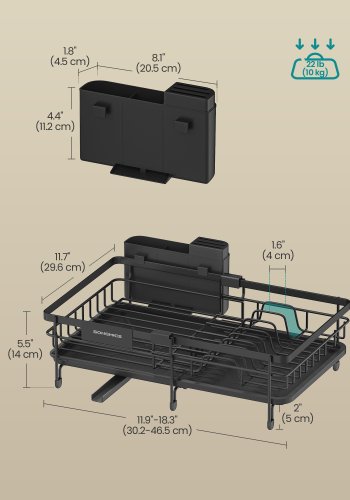 SONGMICS diskst&auml;ll, stort utdragbart avrinningsh�l f&ouml;r sm� utrymmen, 360&deg; roterande utdragbar pip, diskst&auml;ll, st�l, 46,5 x 29,6 x 14 cm, bl&auml;cksvart KCS556BH01