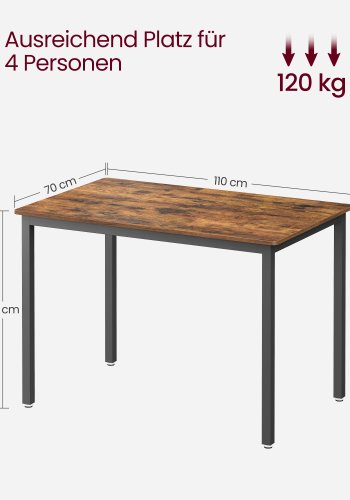 VASAGLE Esstisch, K&uuml;chentisch, 70 x 110 x 77 cm, Esstisch f&uuml;r 4 Personen, Wohnzimmertisch, f&uuml;r Esszimmer, K&uuml;che, Industriestil, Rustikales Braun und Schwarz KDT081B01