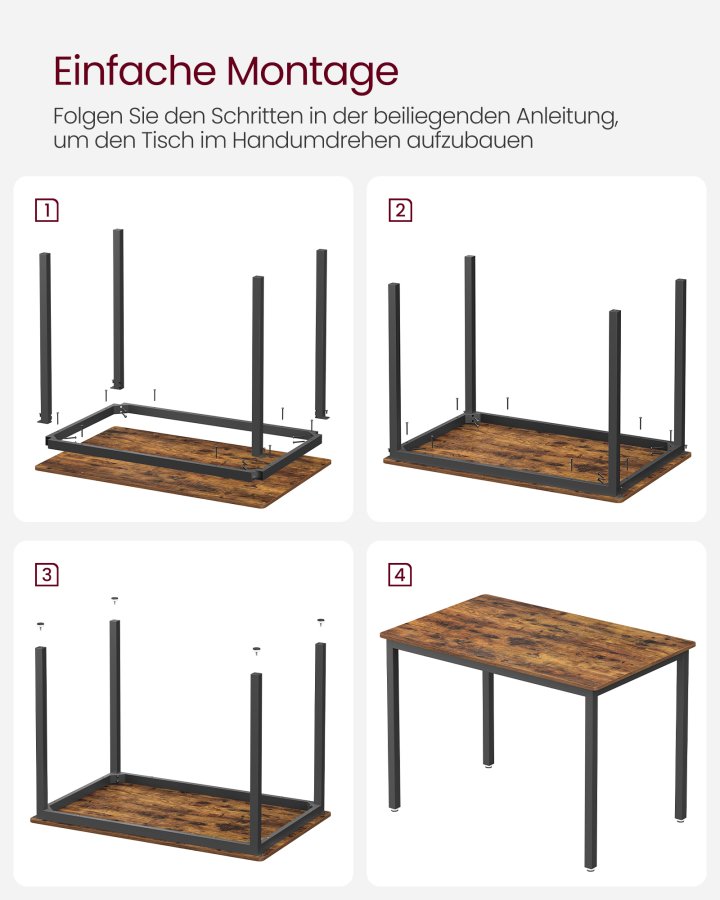 VASAGLE Esstisch, K&uuml;chentisch, 70 x 110 x 77 cm, Esstisch f&uuml;r 4 Personen, Wohnzimmertisch, f&uuml;r Esszimmer, K&uuml;che, Industriestil, Rustikales Braun und Schwarz KDT081B01