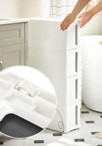 SONGMICS Plastikopbevaringsskuffer, Smal Opbevaringsvogn p� Hjul, 4-Skuffers Opbevaringst�rn til Badev�relse/K�kken, Pladsbesparende, 45 x 17 x 83 cm, Hvid og Gr� KFR008G01