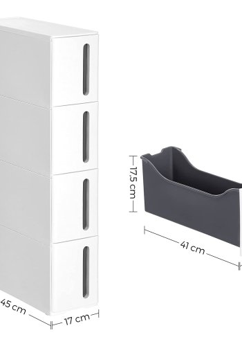 SONGMICS Plastikopbevaringsskuffer, Smal Opbevaringsvogn p� Hjul, 4-Skuffers Opbevaringst�rn til Badev�relse/K�kken, Pladsbesparende, 45 x 17 x 83 cm, Hvid og Gr� KFR008G01