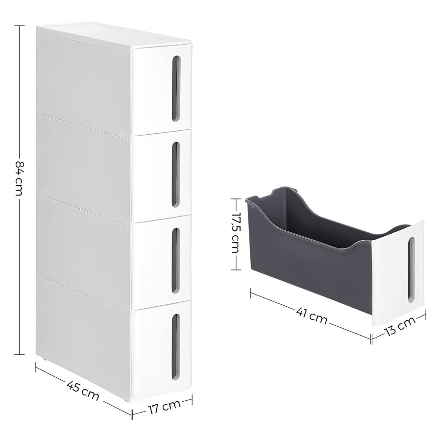 SONGMICS Plastikopbevaringsskuffer, Smal Opbevaringsvogn p� Hjul, 4-Skuffers Opbevaringst�rn til Badev�relse/K�kken, Pladsbesparende, 45 x 17 x 83 cm, Hvid og Gr� KFR008G01