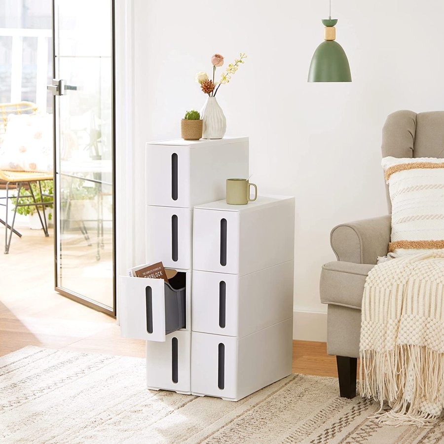 SONGMICS Plastikopbevaringsskuffer, Smal Opbevaringsvogn p� Hjul, 4-Skuffers Opbevaringst�rn til Badev�relse/K�kken, Pladsbesparende, 45 x 17 x 83 cm, Hvid og Gr� KFR008G01