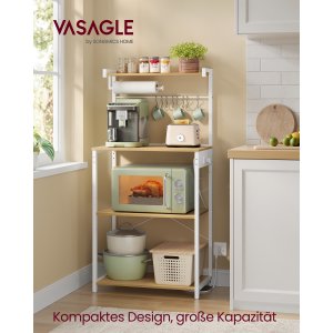 VASAGLE KKS014Y02 K�kkenhylde med stikkontakter, st�ende hylde, mikrob�lgeovnshylde, 4 niveauer og 8 S-kroge, justerbar hylde, k�kkenrulleholder, 40 x 60 x 140 cm, guld eg Cloud White