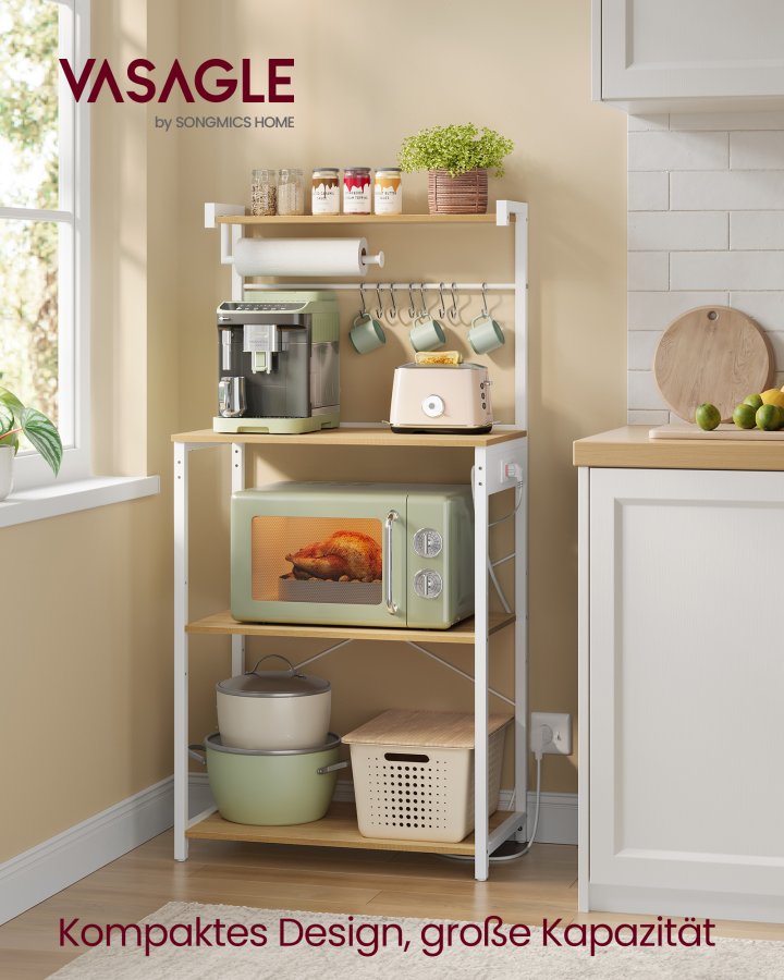 VASAGLE KKS014Y02 K�kkenhylde med stikkontakter, st�ende hylde, mikrob�lgeovnshylde, 4 niveauer og 8 S-kroge, justerbar hylde, k�kkenrulleholder, 40 x 60 x 140 cm, guld eg Cloud White