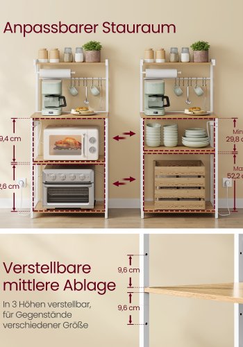 VASAGLE KKS014Y02 K�kkenhylde med stikkontakter, st�ende hylde, mikrob�lgeovnshylde, 4 niveauer og 8 S-kroge, justerbar hylde, k�kkenrulleholder, 40 x 60 x 140 cm, guld eg Cloud White