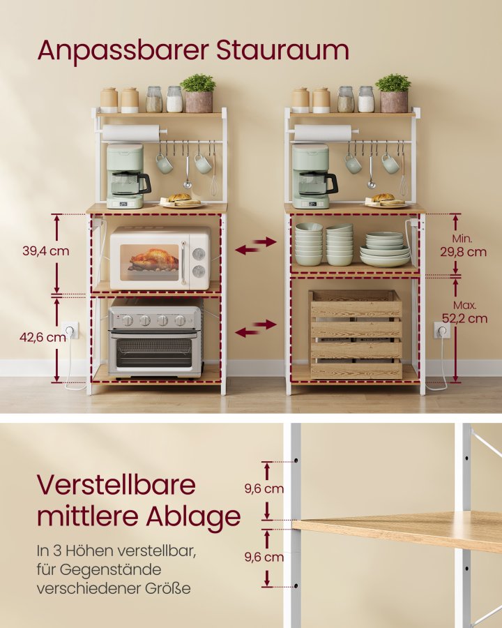 VASAGLE KKS014Y02 K�kkenhylde med stikkontakter, st�ende hylde, mikrob�lgeovnshylde, 4 niveauer og 8 S-kroge, justerbar hylde, k�kkenrulleholder, 40 x 60 x 140 cm, guld eg Cloud White
