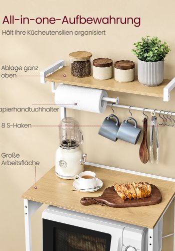VASAGLE KKS014Y02 K�kkenhylde med stikkontakter, st�ende hylde, mikrob�lgeovnshylde, 4 niveauer og 8 S-kroge, justerbar hylde, k�kkenrulleholder, 40 x 60 x 140 cm, guld eg Cloud White