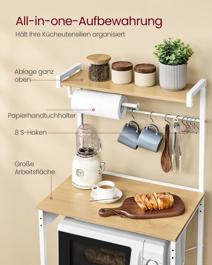 VASAGLE KKS014Y02 K�kkenhylde med stikkontakter, st�ende hylde, mikrob�lgeovnshylde, 4 niveauer og 8 S-kroge, justerbar hylde, k�kkenrulleholder, 40 x 60 x 140 cm, guld eg Cloud White