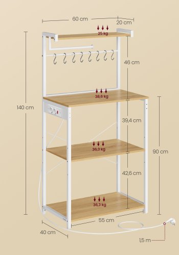 VASAGLE KKS014Y02 K�kkenhylde med stikkontakter, st�ende hylde, mikrob�lgeovnshylde, 4 niveauer og 8 S-kroge, justerbar hylde, k�kkenrulleholder, 40 x 60 x 140 cm, guld eg Cloud White
