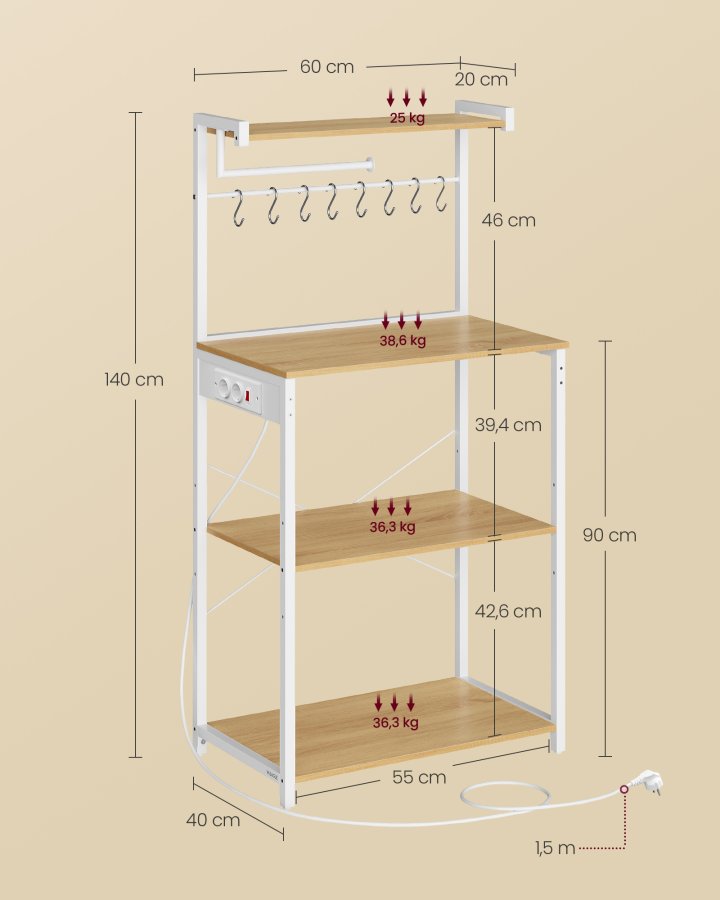 VASAGLE KKS014Y02 K�kkenhylde med stikkontakter, st�ende hylde, mikrob�lgeovnshylde, 4 niveauer og 8 S-kroge, justerbar hylde, k�kkenrulleholder, 40 x 60 x 140 cm, guld eg Cloud White