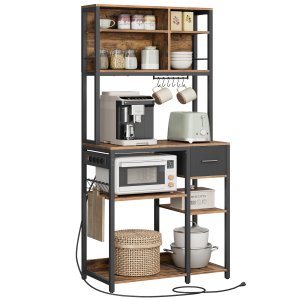 VASAGLE K�kkenhylde med str�mskinne, Kaffebar med justerbare hylder, stofskuffe, 12 kroge, 40 x 80 x 180,2 cm, Mikrob�lgeovnsstativ, Rustik brun og bl�ksort KKS015K03