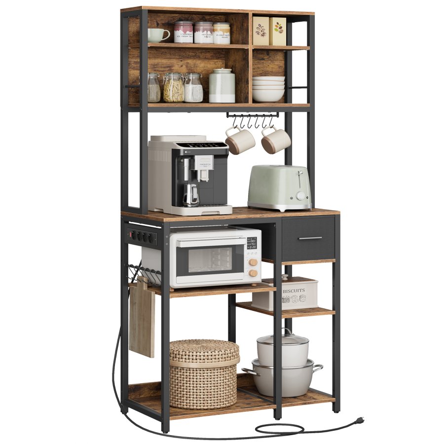 VASAGLE K�kkenhylde med str�mskinne, Kaffebar med justerbare hylder, stofskuffe, 12 kroge, 40 x 80 x 180,2 cm, Mikrob�lgeovnsstativ, Rustik brun og bl�ksort KKS015K03