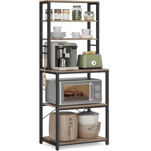 VASAGLE KKS024B02 K�kkenhylde, St�ende Mikrob�lgeovnshylde, 6 Hylder, 6 Knagger, St�lramme, Industrielt Design, 40 x 60 x 167 cm, Gr� Marmoreret Bl�ksort
