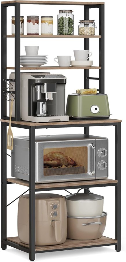 VASAGLE KKS024B02 K�kkenhylde, St�ende Mikrob�lgeovnshylde, 6 Hylder, 6 Knagger, St�lramme, Industrielt Design, 40 x 60 x 167 cm, Gr� Marmoreret Bl�ksort