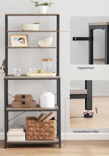 VASAGLE KKS024B02 Kj�kkenhylle, St�ende Mikrob�lgeovnshylle, 6 Hyller, 6 Kroker, St�lramme, Industrielt Design, 40 x 60 x 167 cm, Gr� Marmorert Blekk Svart