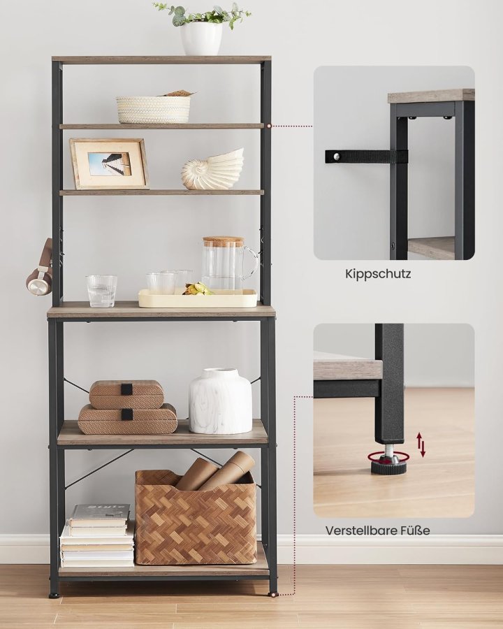 VASAGLE KKS024B02 K�kkenhylde, St�ende Mikrob�lgeovnshylde, 6 Hylder, 6 Knagger, St�lramme, Industrielt Design, 40 x 60 x 167 cm, Gr� Marmoreret Bl�ksort