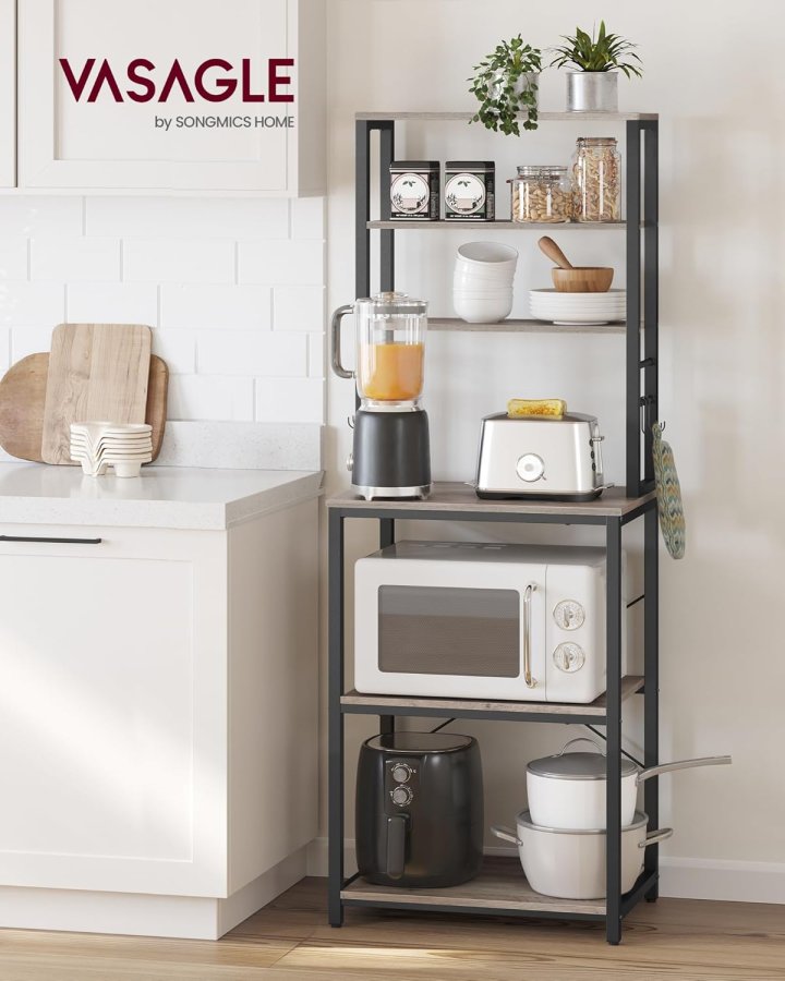 VASAGLE KKS024B02 K�kkenhylde, St�ende Mikrob�lgeovnshylde, 6 Hylder, 6 Knagger, St�lramme, Industrielt Design, 40 x 60 x 167 cm, Gr� Marmoreret Bl�ksort