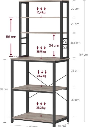VASAGLE KKS024B02 K�kkenhylde, St�ende Mikrob�lgeovnshylde, 6 Hylder, 6 Knagger, St�lramme, Industrielt Design, 40 x 60 x 167 cm, Gr� Marmoreret Bl�ksort