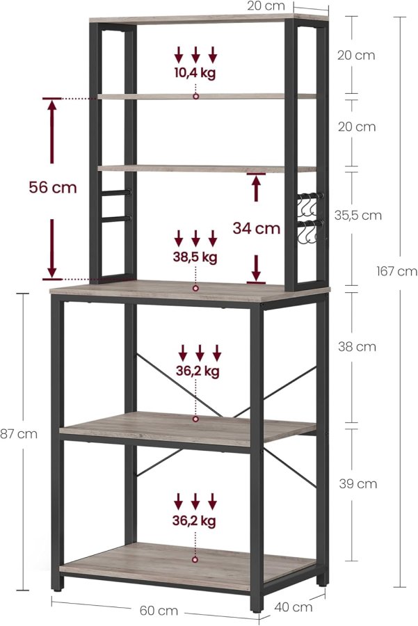 VASAGLE KKS024B02 K�kkenhylde, St�ende Mikrob�lgeovnshylde, 6 Hylder, 6 Knagger, St�lramme, Industrielt Design, 40 x 60 x 167 cm, Gr� Marmoreret Bl�ksort