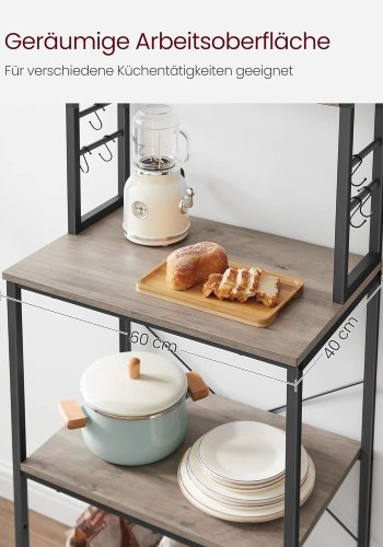 VASAGLE KKS024B02 K�kkenhylde, St�ende Mikrob�lgeovnshylde, 6 Hylder, 6 Knagger, St�lramme, Industrielt Design, 40 x 60 x 167 cm, Gr� Marmoreret Bl�ksort