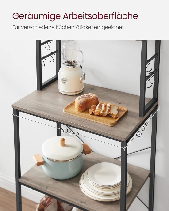 VASAGLE KKS024B02 K�kkenhylde, St�ende Mikrob�lgeovnshylde, 6 Hylder, 6 Knagger, St�lramme, Industrielt Design, 40 x 60 x 167 cm, Gr� Marmoreret Bl�ksort