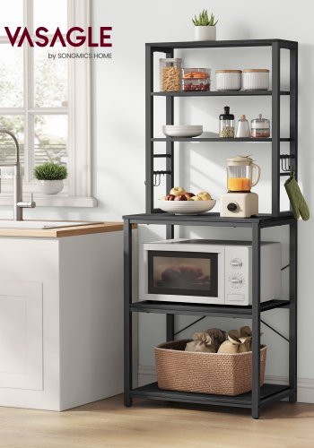 VASAGLE Kaffebar, Bakst�ll f�r K�k med F�rvaring, 6-v�ningars K�kshyllor med 6 krokar, Mikrov�gsugnsst�ll, Industriell, 15,7 x 23,6 x 65,7 tum, Antracitgr� och Bl�cksvart UKKS024B22