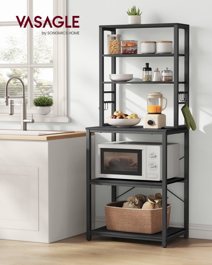 VASAGLE Kaffebar, bagerist til k�kken med opbevaring, 6-lags k�kkenhylder med 6 kroge, mikrob�lgeovnsstativ, industriel, 15,7 x 23,6 x 65,7 tommer, antracitgr� og bl�ksort UKKS024B22